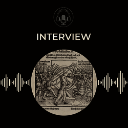 Laehnemann interview image 16th century woodcut, printed Nuremberg, 1525, showing the peasant army on foot, with spears and polearms, on the left of image, facing opposite them mounted and armoured knights. Between the two groups, a male figure turn the wheel of fortune. On a square black background, with the GHIL podcast logo of a microphone and headphones in a circle.