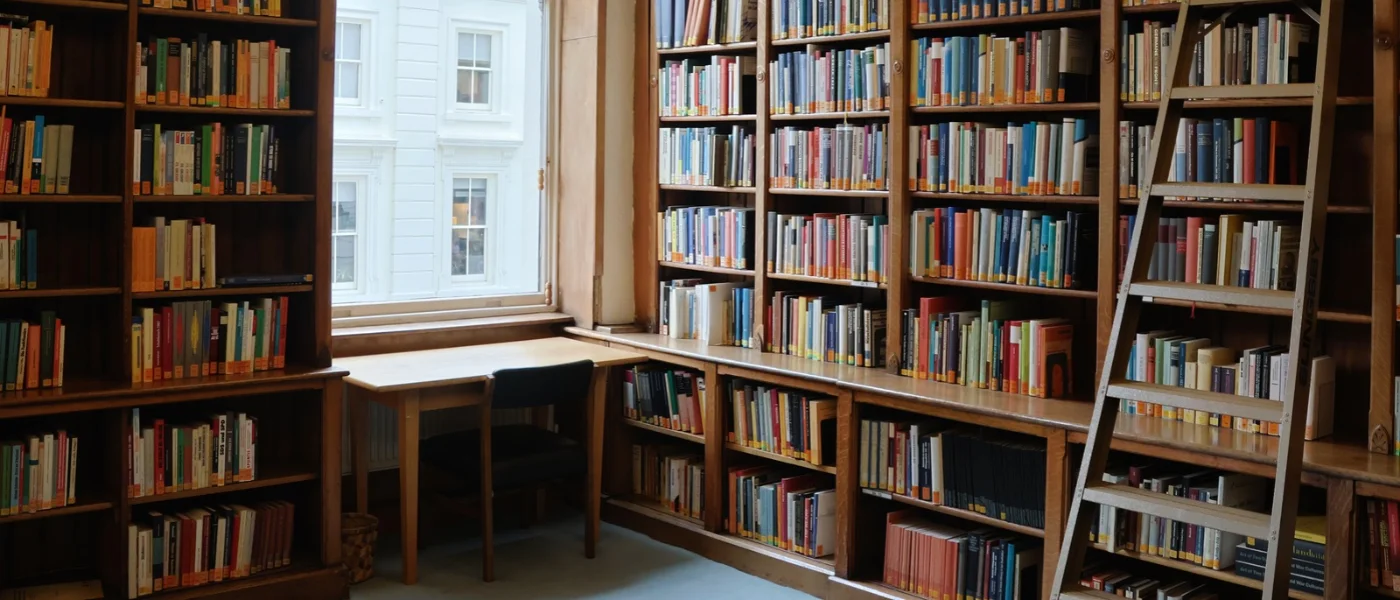 A desk and chair in front of a window surrounded by shelves with books.