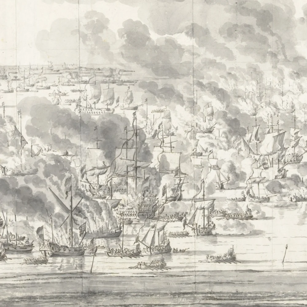 Robert Holmes sets fire to the Dutch fleet at Terschelling, 19 August, by Willem van de Velde