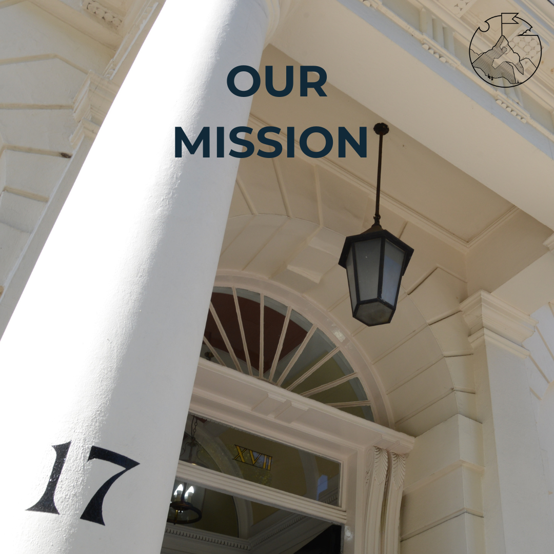 Our Mission Mobile The front door and portico of the GHIL, with the number 17 on the pillars clearly visible. Overlayed at the top of the image, the words "Our Mission" in black.